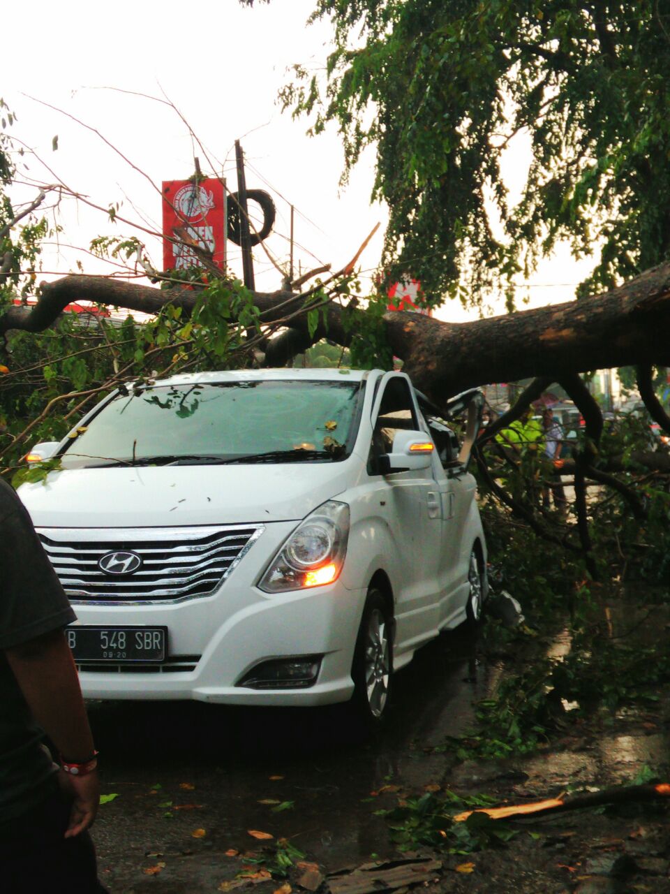 Angin puting beliung melanda Depok. Ada mobil tertimpa pohon tumbang.