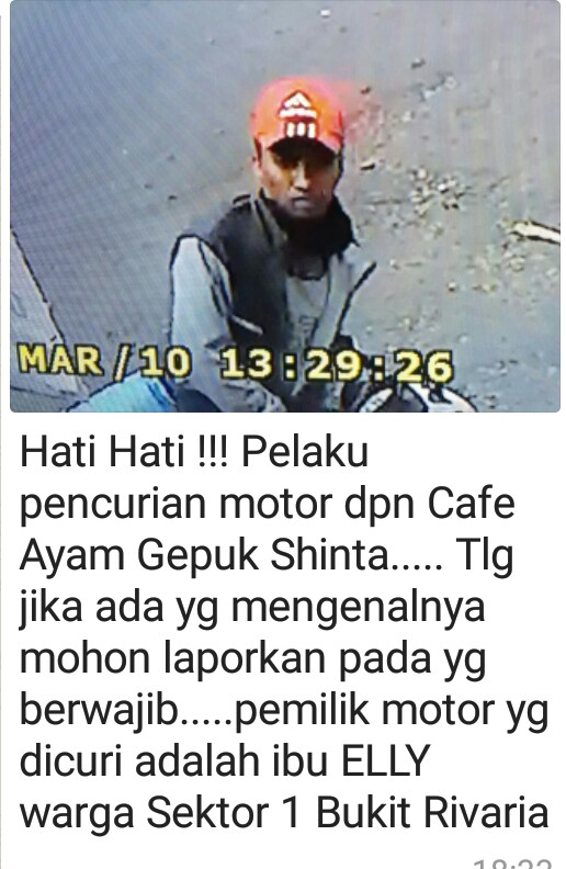 Inilah wajah pelaku pencurian sepeda motor di Perumahan Bukit Rivaria yang terekam CCTV.