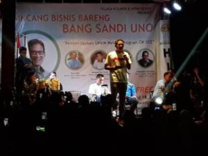 Sandiaga Uno berbicara soal ekonomi zaman now di Sawangan Depok yang digagas Hipmi Kota Depok.